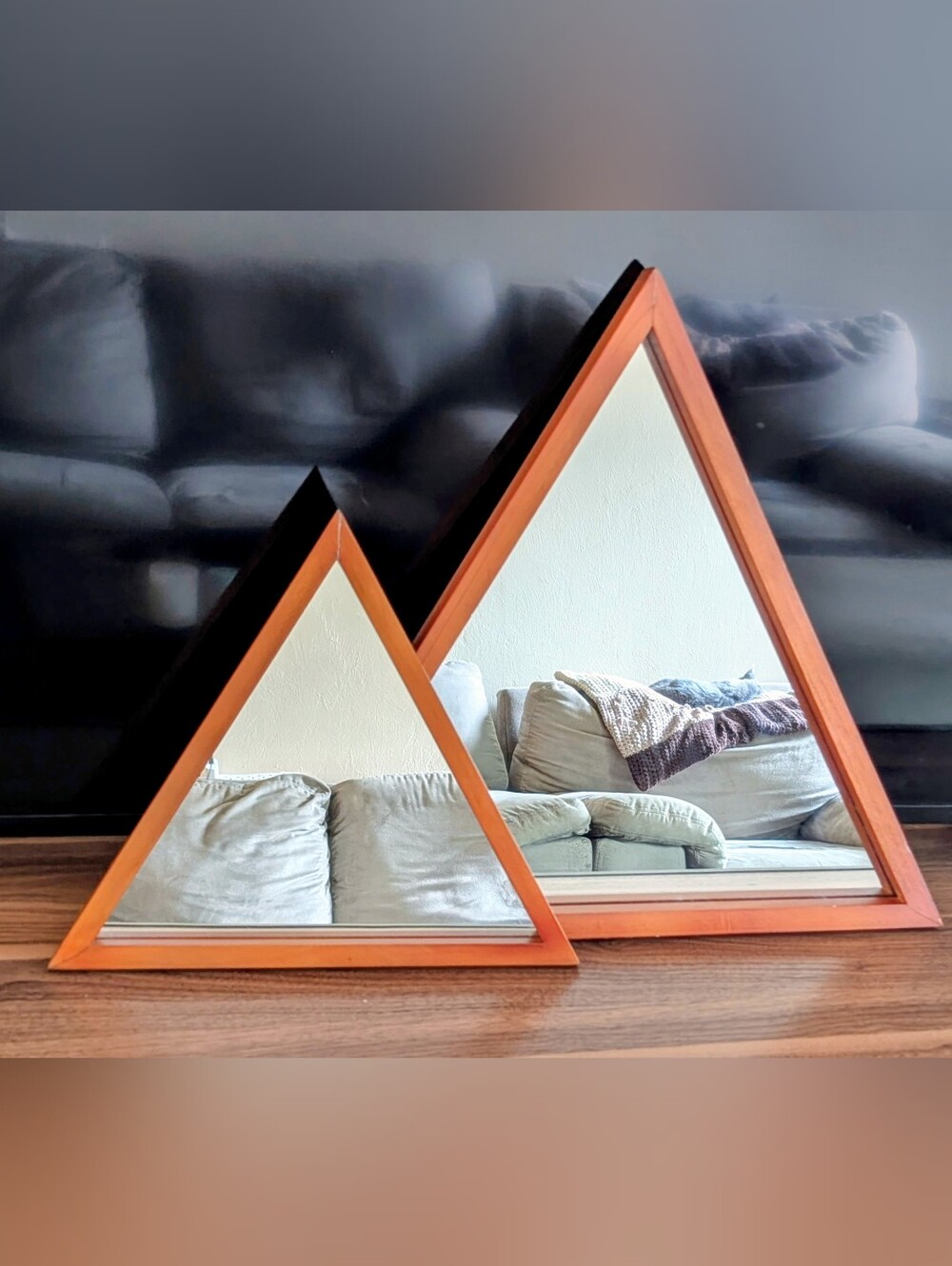 Mid-Century Triangle Wood Framed Mirrors - Set of 2, Warm Honey Wood